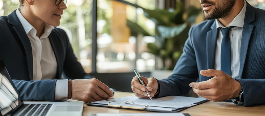 Échange professionnel et signature de contrat entre deux collaborateurs d’entreprise, illustrant la protection de l’assurance RC Pro.